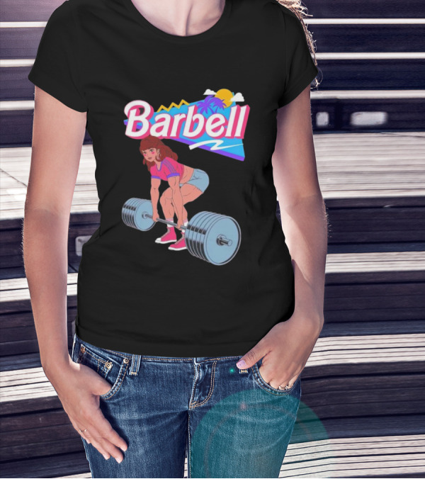 Barbell Brunette Retro Workout With Tropical Sunset And 80s Vibes T-Shirt