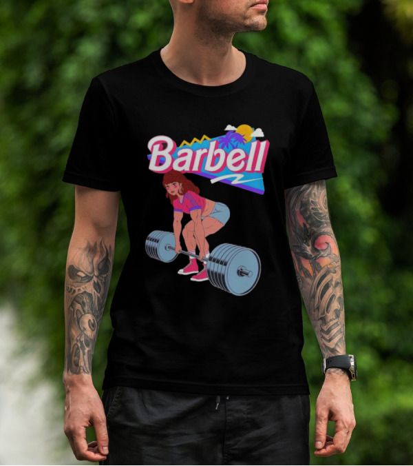 Barbell Brunette Retro Workout With Tropical Sunset And 80s Vibes T-Shirt