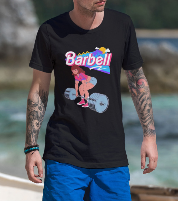 Barbell Brunette Retro Workout With Tropical Sunset And 80s Vibes T-Shirt