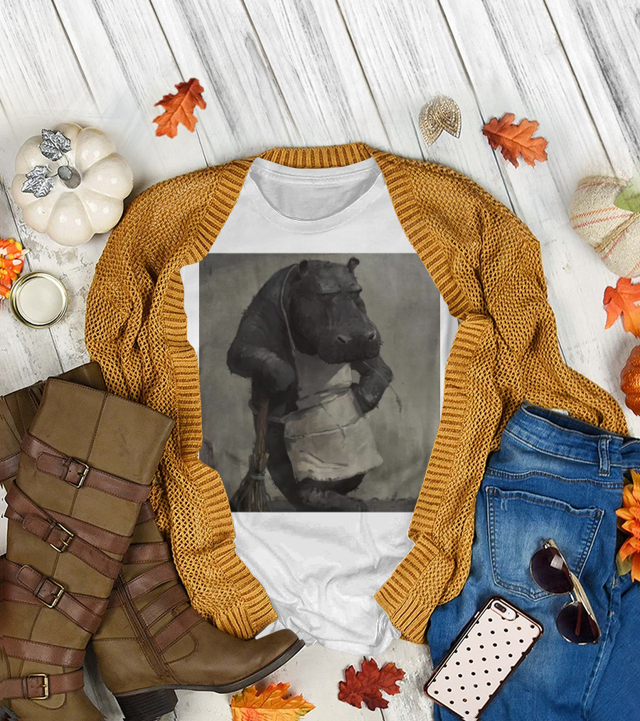 Hippo in Apron Holding Broom T-Shirt