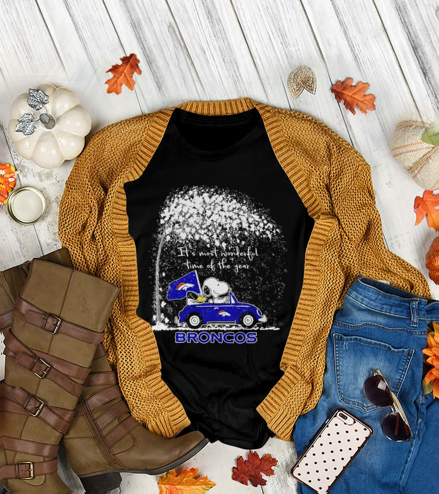 Snoopy and Woodstock Broncos It’s Most Wonderful Time of the Year Winter Scene T-Shirt
