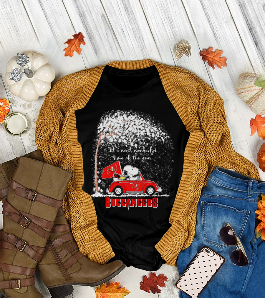 Snoopy and Woodstock Buccaneers It's Most Wonderful Time of the Year Winter Scene T-Shirt