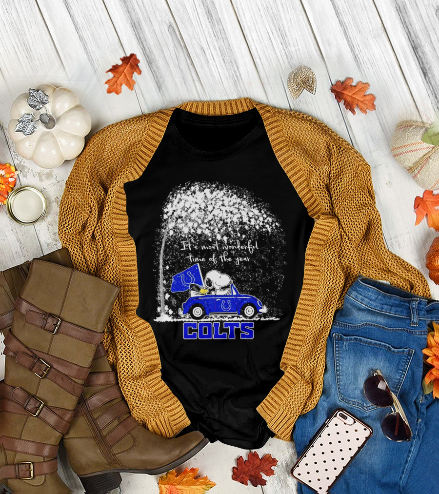 Snoopy and Woodstock Colts It's Most Wonderful Time of the Year Winter Car Scene T-Shirt