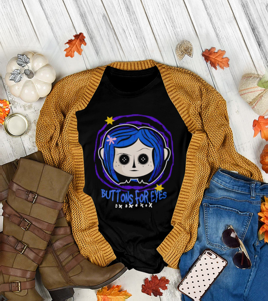 Buttons for Eyes Blue Haired Character with Stars T-Shirt