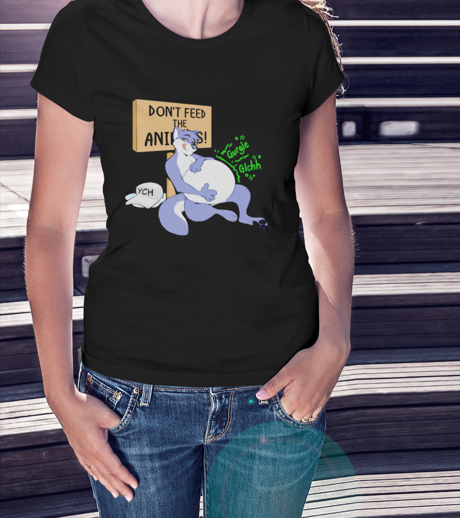 Don't Feed The Animals Gurgle Glchh YCH Sign With Full-Bellied Purple Cartoon Character T-Shirt