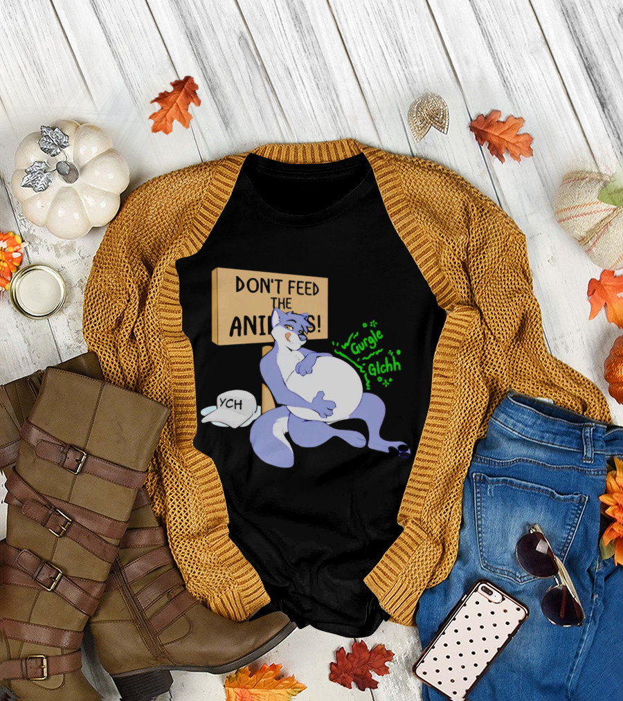 Don't Feed The Animals Gurgle Glchh YCH Sign With Full-Bellied Purple Cartoon Character T-Shirt