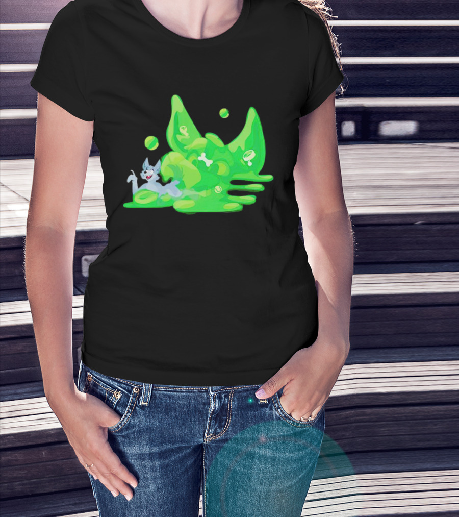 Gelatinous Dog Cartoon Slime With Playful Grey Pup And Green Ooze T-Shirt