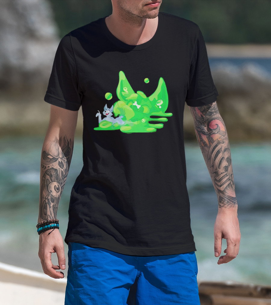 Gelatinous Dog Cartoon Slime With Playful Grey Pup And Green Ooze T-Shirt