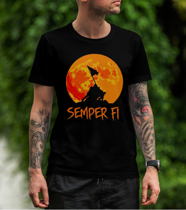 Semper Fi Halloween Full Moon Flag Raising T-Shirt