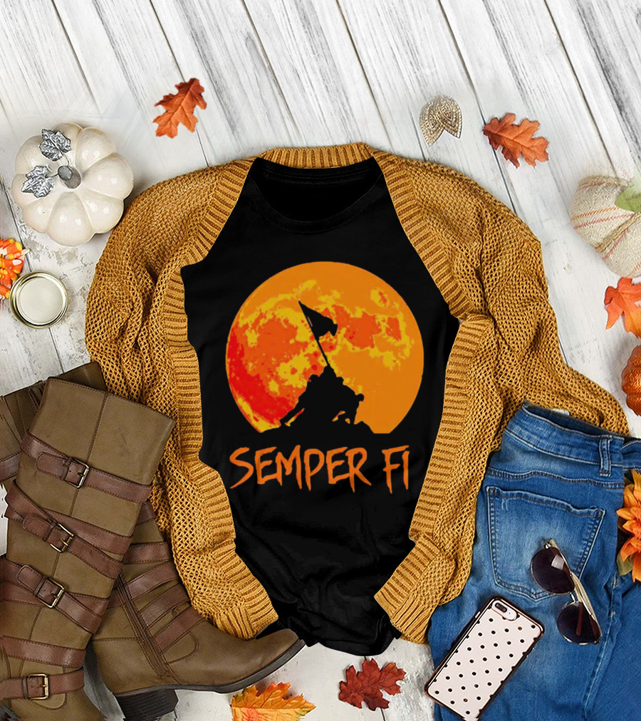 Semper Fi Halloween Full Moon Flag Raising T-Shirt