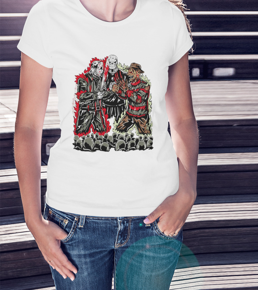 Horror Movies Violent Faceoff Battle Trio In Crowded Arena T-Shirt