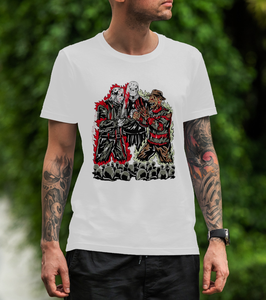 Horror Movies Violent Faceoff Battle Trio In Crowded Arena T-Shirt