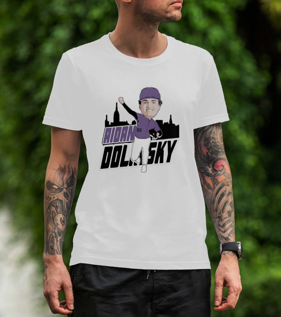 Aidan Dolinsky 55 Purple Baseball Caricature With City Skyline T-Shirt