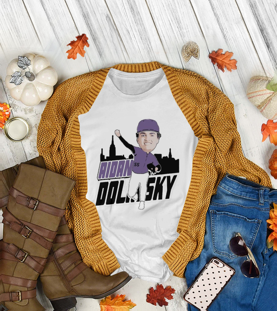 Aidan Dolinsky 55 Purple Baseball Caricature With City Skyline T-Shirt