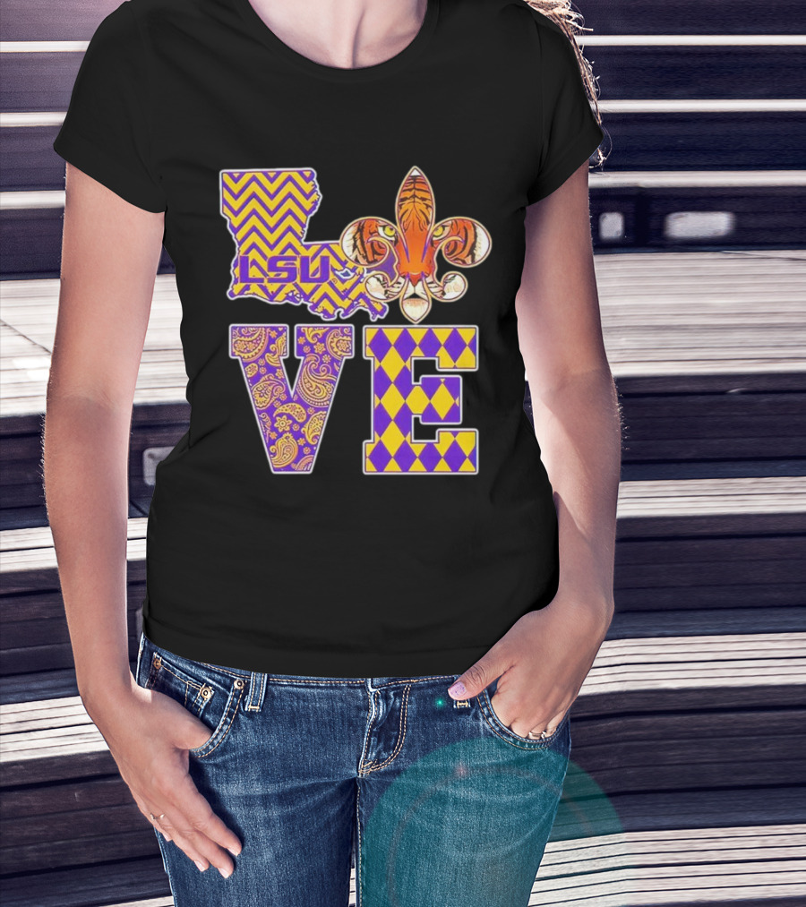 LSU Tigers Love Fleur De Lis Louisiana Purple Gold Chevron Paisley Harlequin T-Shirt