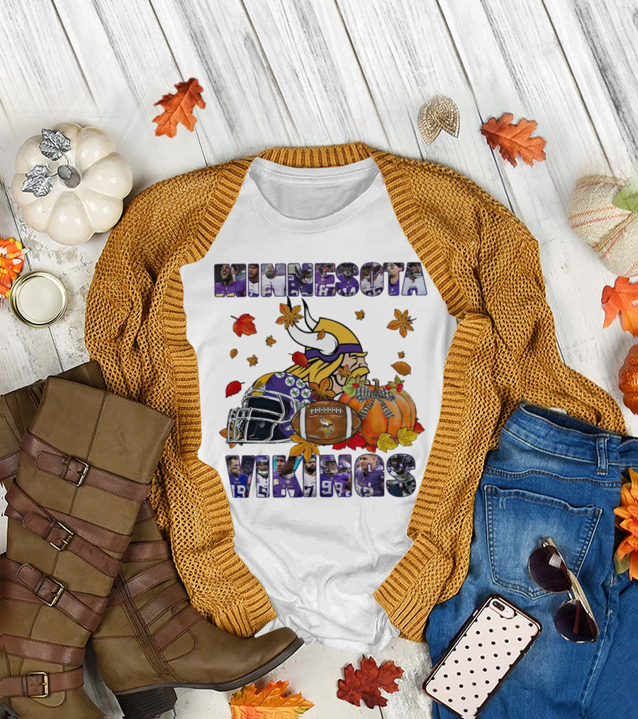 Minnesota Vikings Football Fall Leaves Helmet Pumpkin T-Shirt