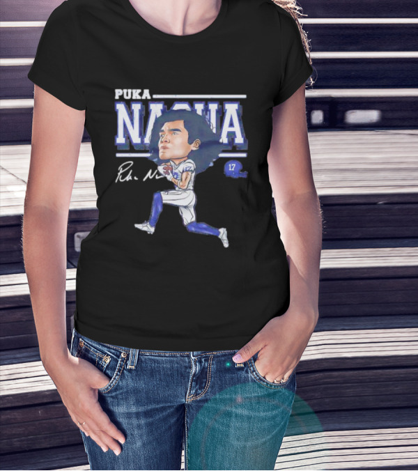 Puka Nacua Los Angeles 17 Cartoon Autograph Football T-Shirt