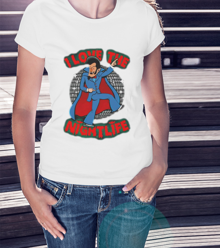 I Love The Nightlife Dracula Disco Dancing With Cape And Disco Ball T-Shirt