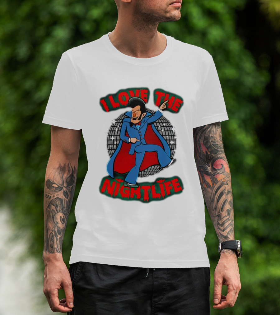 I Love The Nightlife Dracula Disco Dancing With Cape And Disco Ball T-Shirt