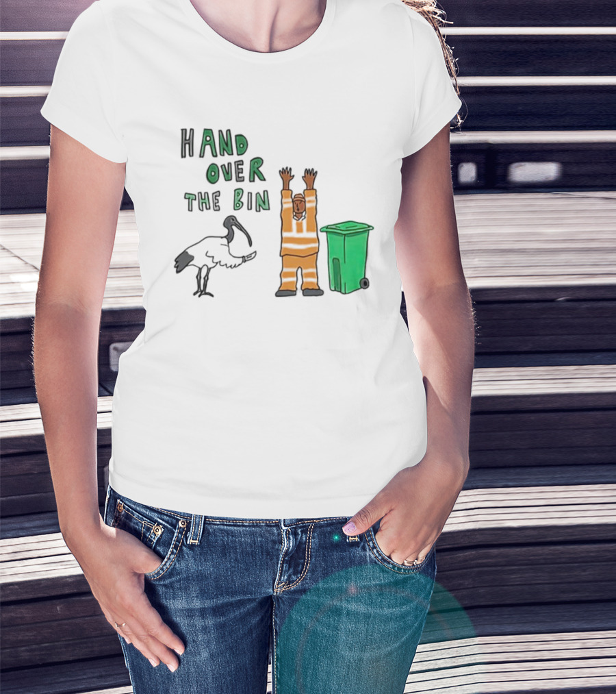 Hand Over The Bin Garbage Collector And Bird Cartoon Scene T-Shirt