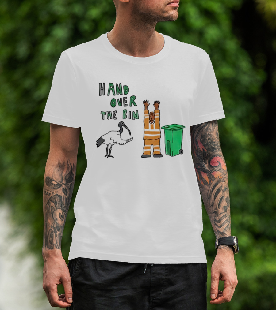 Hand Over The Bin Garbage Collector And Bird Cartoon Scene T-Shirt