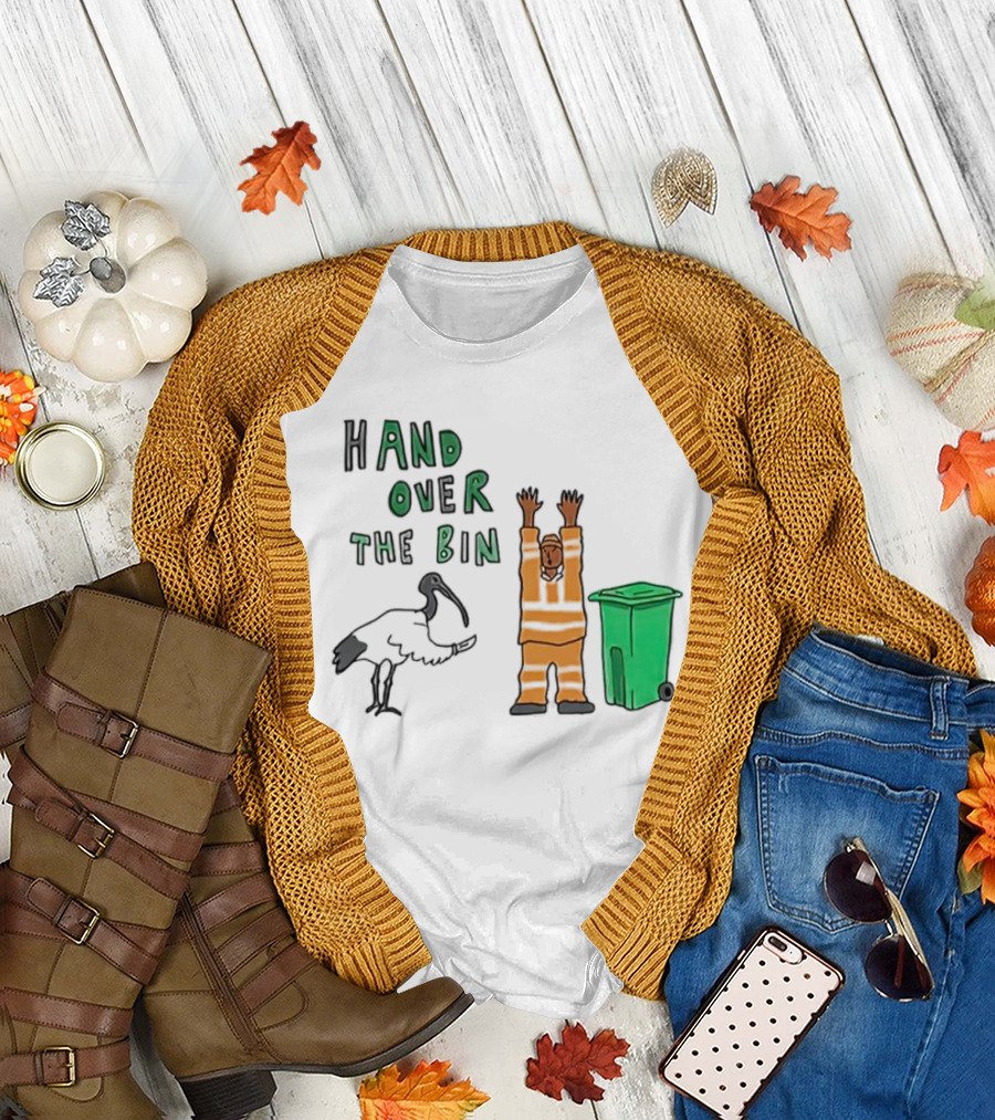 Hand Over the Bin Garbage Collector and Bird Cartoon Scene T-Shirt