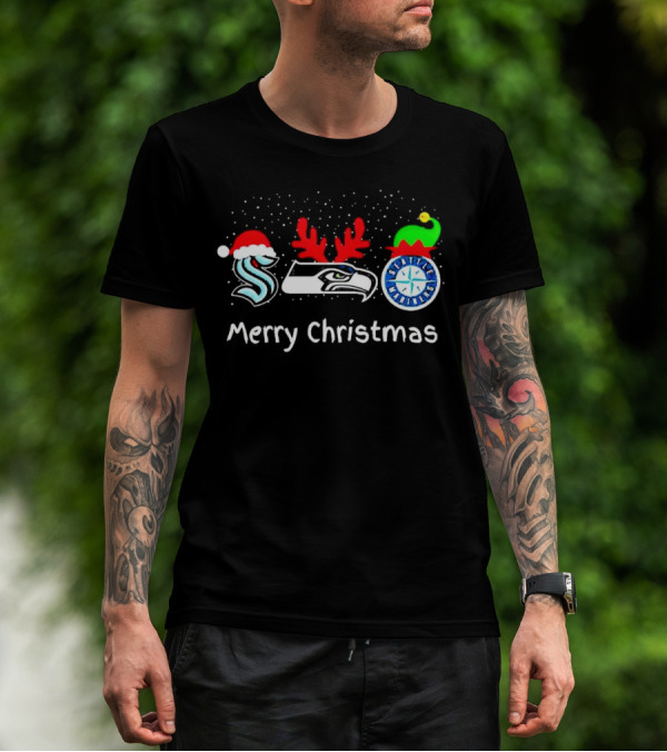 Seattle Kraken Seahawks Mariners Santa Reindeer Elf Merry Christmas T-Shirt