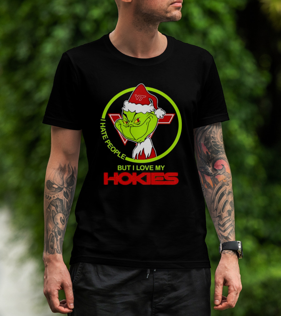 I Hate People Grinch Loves Hokies Christmas VT Santa Hat T-Shirt