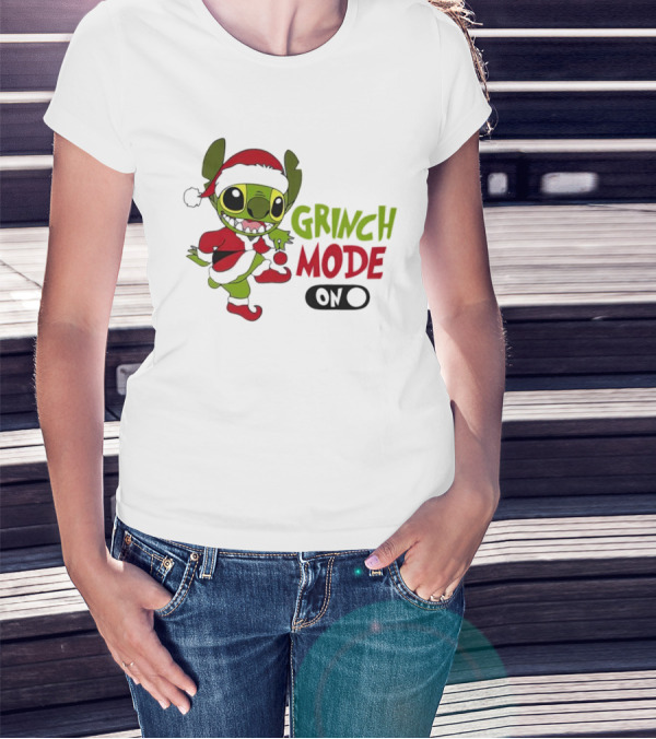 Stitch Grinch Mode On Christmas Santa Hat Festive T-Shirt