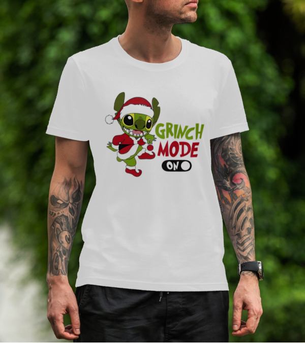 Stitch Grinch Mode On Christmas Santa Hat Festive T-Shirt