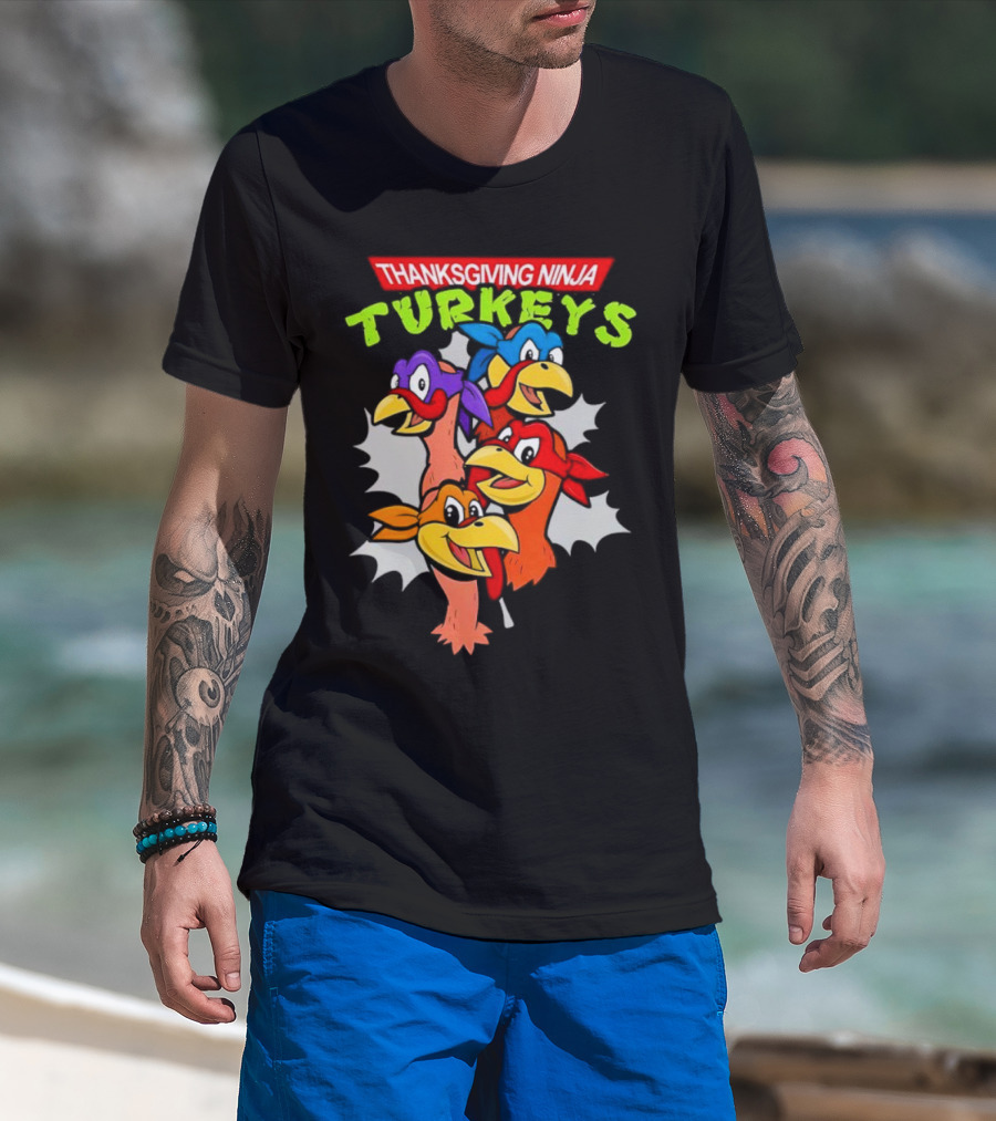 Thanksgiving Ninja Turkeys Cartoon T-Shirt