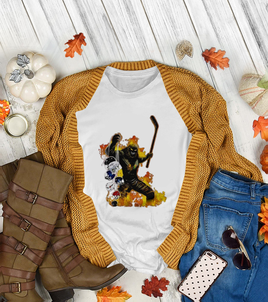 Evil Fire Hockey Player Holding Chicago Blackhawks and NHL Helmets T-Shirt