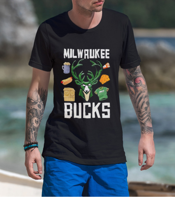 Milwaukee Bucks NBA Market Claymation Deer Cheese Hot Dog Beer T-Shirt