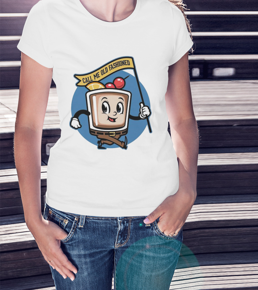 Whiskey Call Me Old Fashioned Cartoon Drink Character With Flag And Cherries T-Shirt