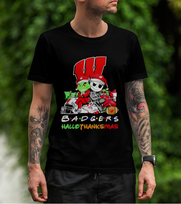 Badgers HalloThanksMas Grinch Jack Skellington Friends Football W T-Shirt