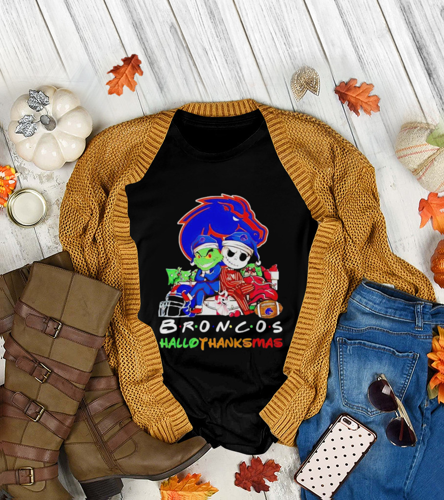 Broncos HalloThanksMas Grinch and Jack Skellington Friends T-Shirt