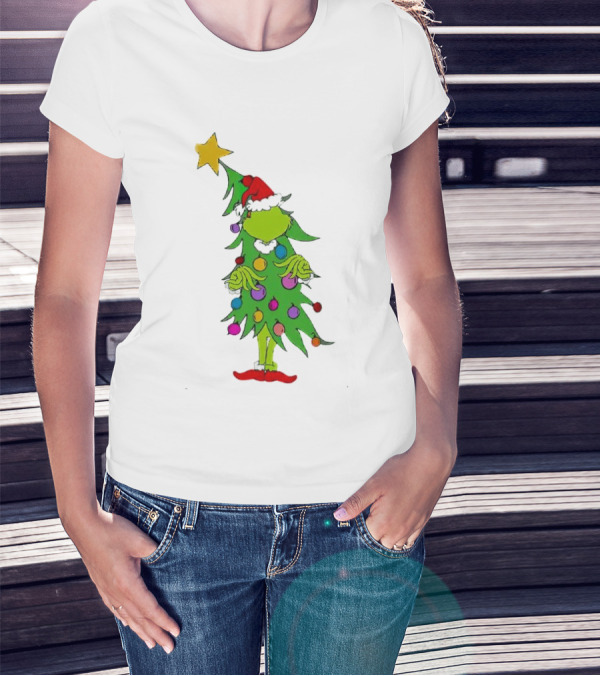 Grinch Christmas Tree Costume With Star And Ornaments T-Shirt