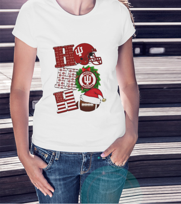 Indiana Hoosiers Christmas Ho Ho Ho Football Helmet Wreath Santa Hat T-Shirt