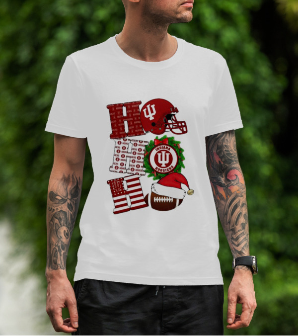 Indiana Hoosiers Christmas Ho Ho Ho Football Helmet Wreath Santa Hat T-Shirt