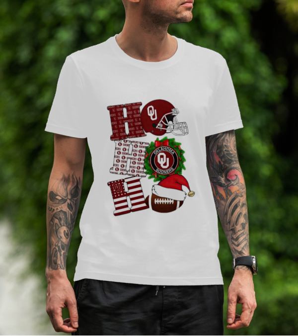 Oklahoma Sooners OU Helmet Wreath Football Santa Ho Ho Ho Christmas T-Shirt