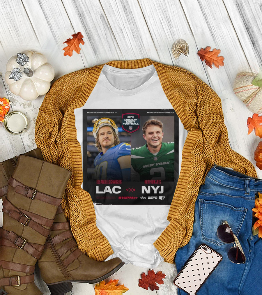 Justin Herbert vs Zach Wilson Los Angeles Chargers vs New York Jets ESPN Monday Night Football LAC vs NYJ NFL 8:15 PM ET T-Shirt