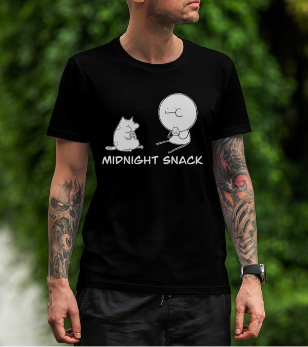 MIDNIGHT SNACK Cat And Stick Figure Eating Pizza T-Shirt