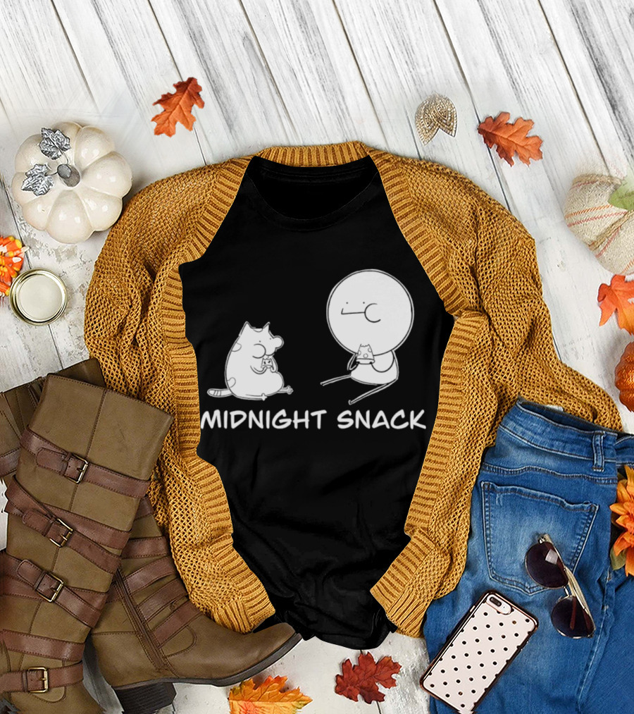 MIDNIGHT SNACK Cat and Stick Figure Eating Pizza T-Shirt