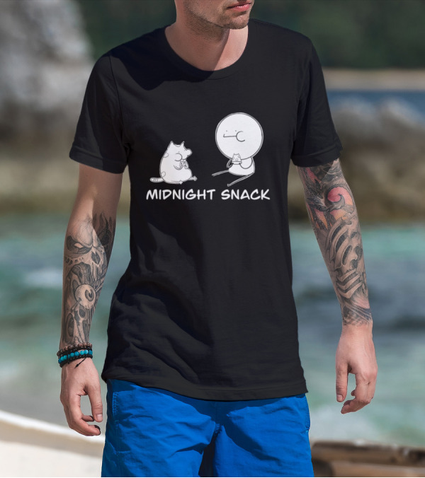 MIDNIGHT SNACK Cat And Stick Figure Eating Pizza T-Shirt