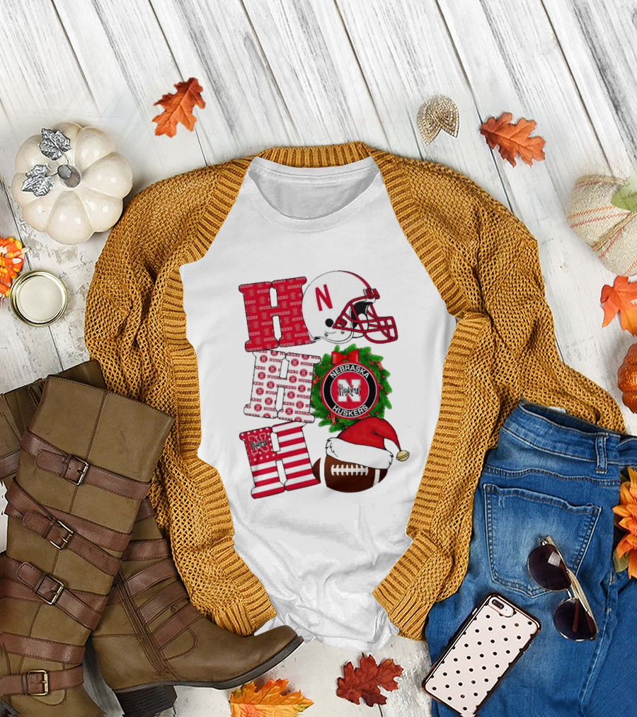 Nebraska Cornhuskers Ho Ho Ho Christmas Football Helmet Wreath Santa Hat Football T-Shirt