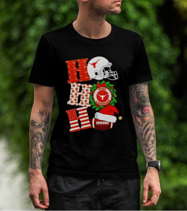 Texas Longhorns Ho Ho Ho Christmas Football Helmet Wreath Santa Hat T-Shirt