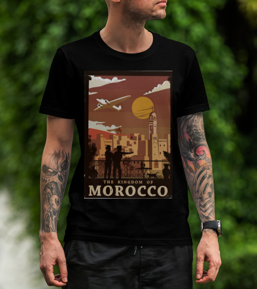 The Kingdom Of Morocco Skyline View With Airplane And Sunset Scene T-Shirt