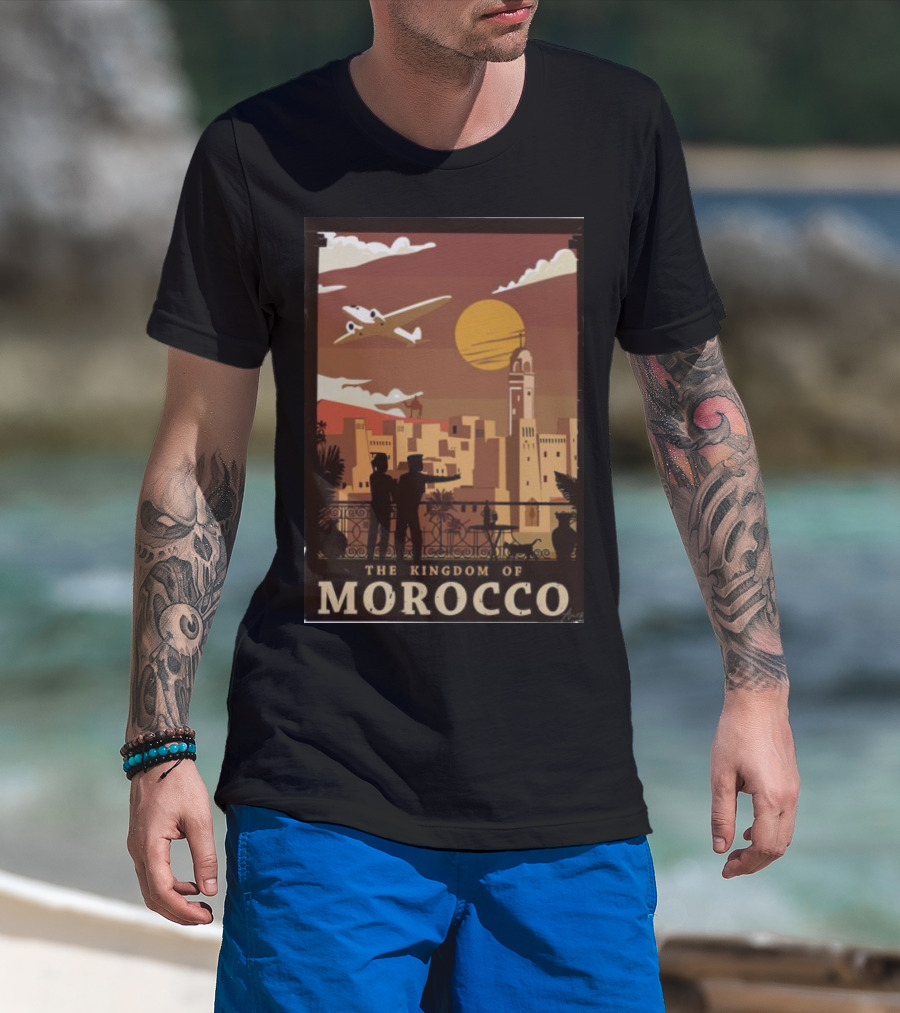 The Kingdom Of Morocco Skyline View With Airplane And Sunset Scene T-Shirt