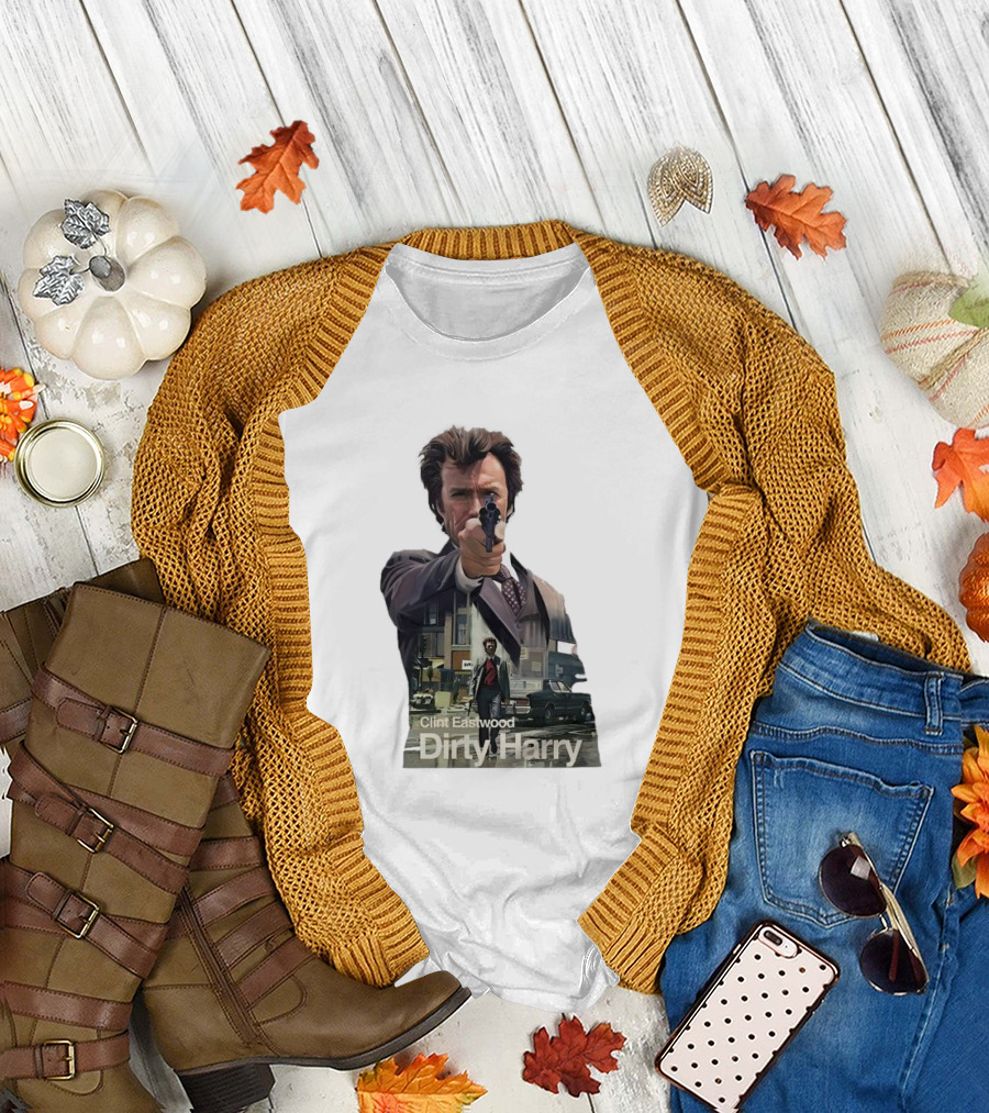 Clint Eastwood Dirty Harry Iconic Movie Scene with Gun and Urban Background T-Shirt