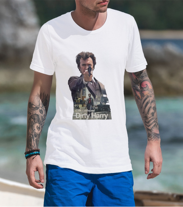 Clint Eastwood Dirty Harry Iconic Movie Scene With Gun And Urban Background T-Shirt